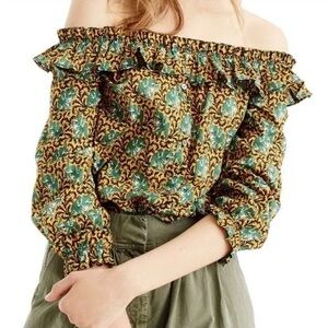 J Crew Ratti Elephant Print Off-the-Shoulder Ruffle‎ Top Gold Green Size 4